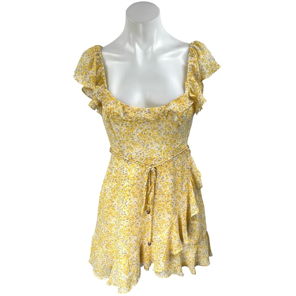 Debbie Dabbie Yellow Flutter Sleeve Ruffle Tie Waist Mini Fit & Flare Dress Sz 6